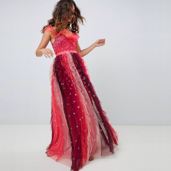 Needle & Thread Dresses & Skirts - Needle & Thread Multi Red Rainbow Embellished Sequin Beaded Maxi Evening Dress